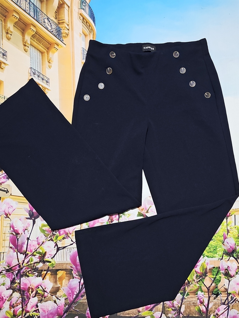 Express Navy Wide-Leg High Rise Sailor Pants with Gold Buttons S/P